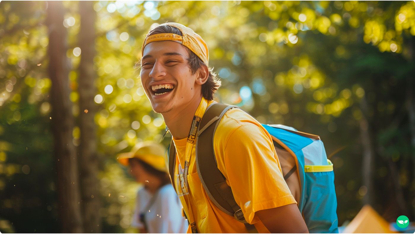 college student smiling during his summer side hustle as a camp counselor