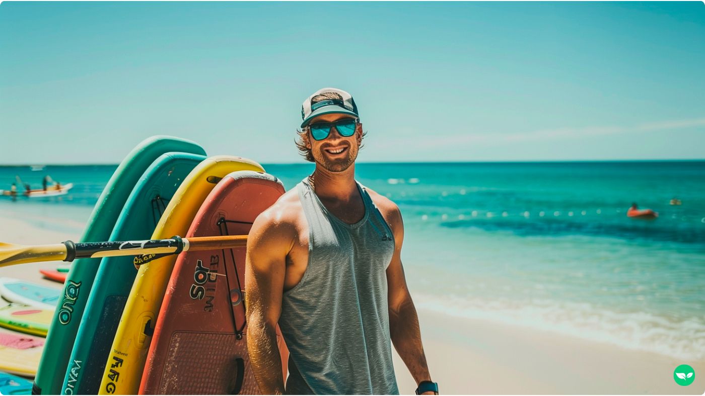 man renting out his paddleboards