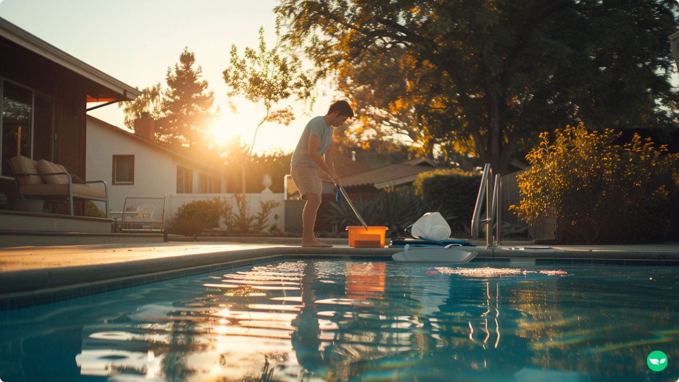 man cleaning pool