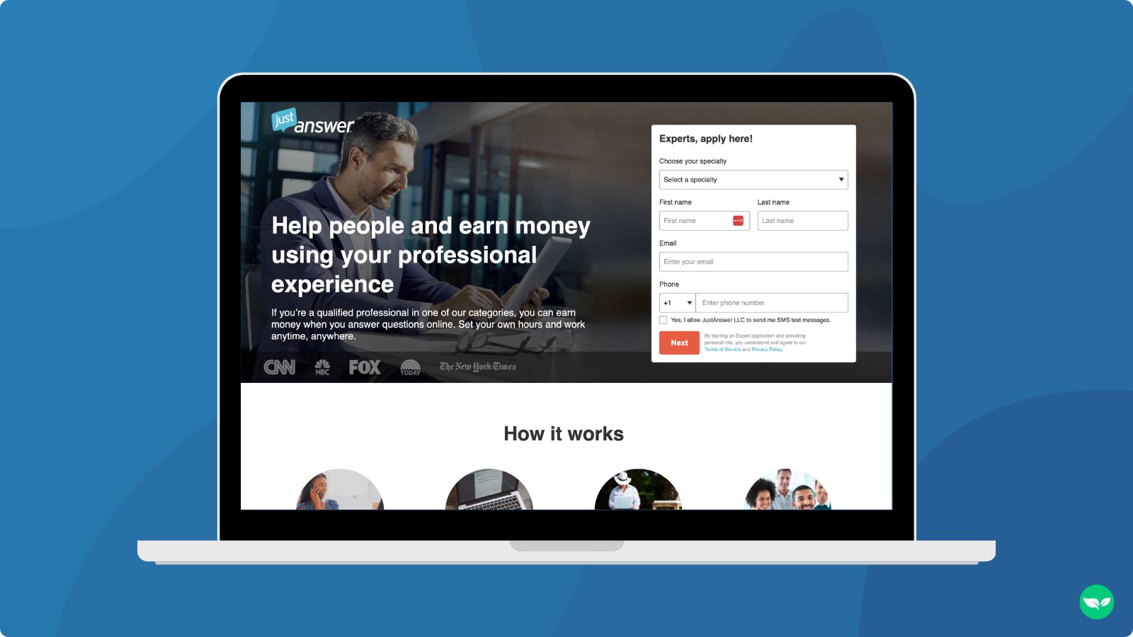 A mockup showing the JustAnswer platform on a laptop