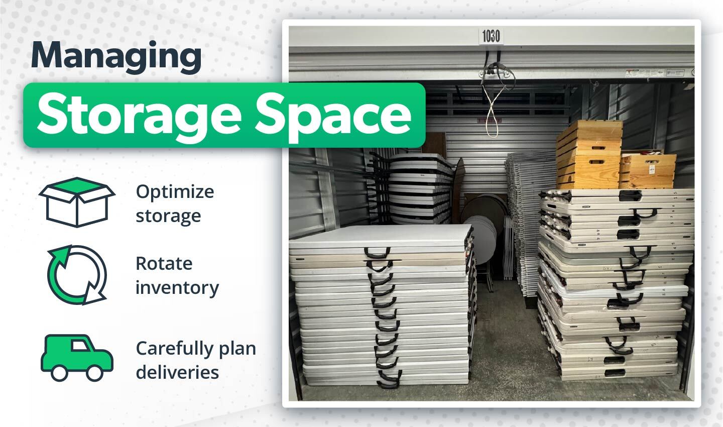A neatly organized storage unit filled with stacked chairs, tables, and wooden crates, showcasing the inventory required for event rentals.