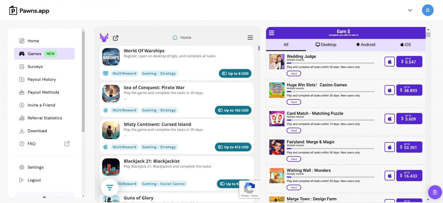 Pawns.app browser dashboard showing the Games section, which features paid game offers. Users can earn rewards by playing mobile and desktop games, completing tasks, and reaching milestones. Listings display potential earnings, difficulty levels, and platform compatibility for iOS, Android, and desktop.