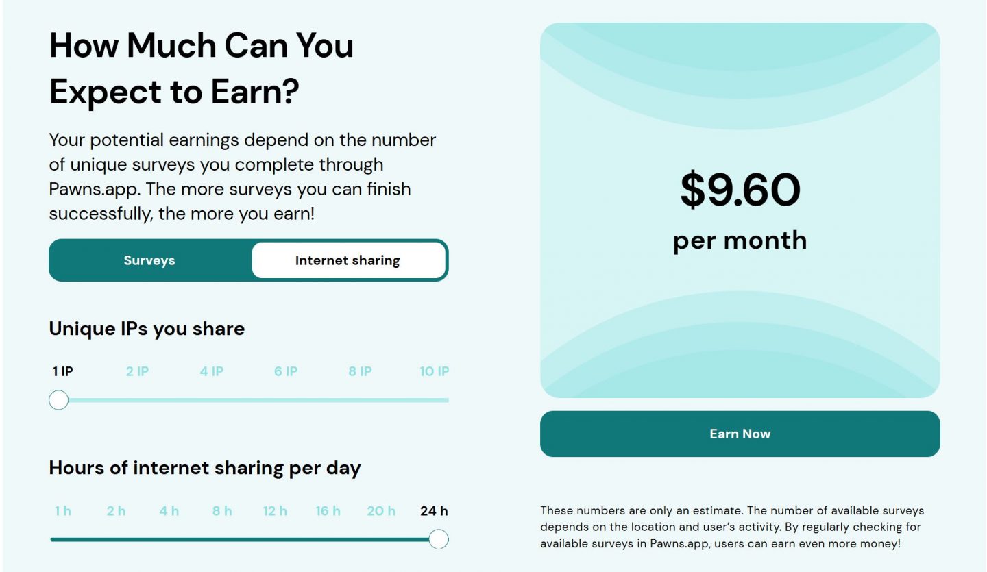 Pawns.app earnings calculator estimating $9.60 per month for internet sharing. Users can adjust unique IPs and daily sharing hours to see potential earnings.