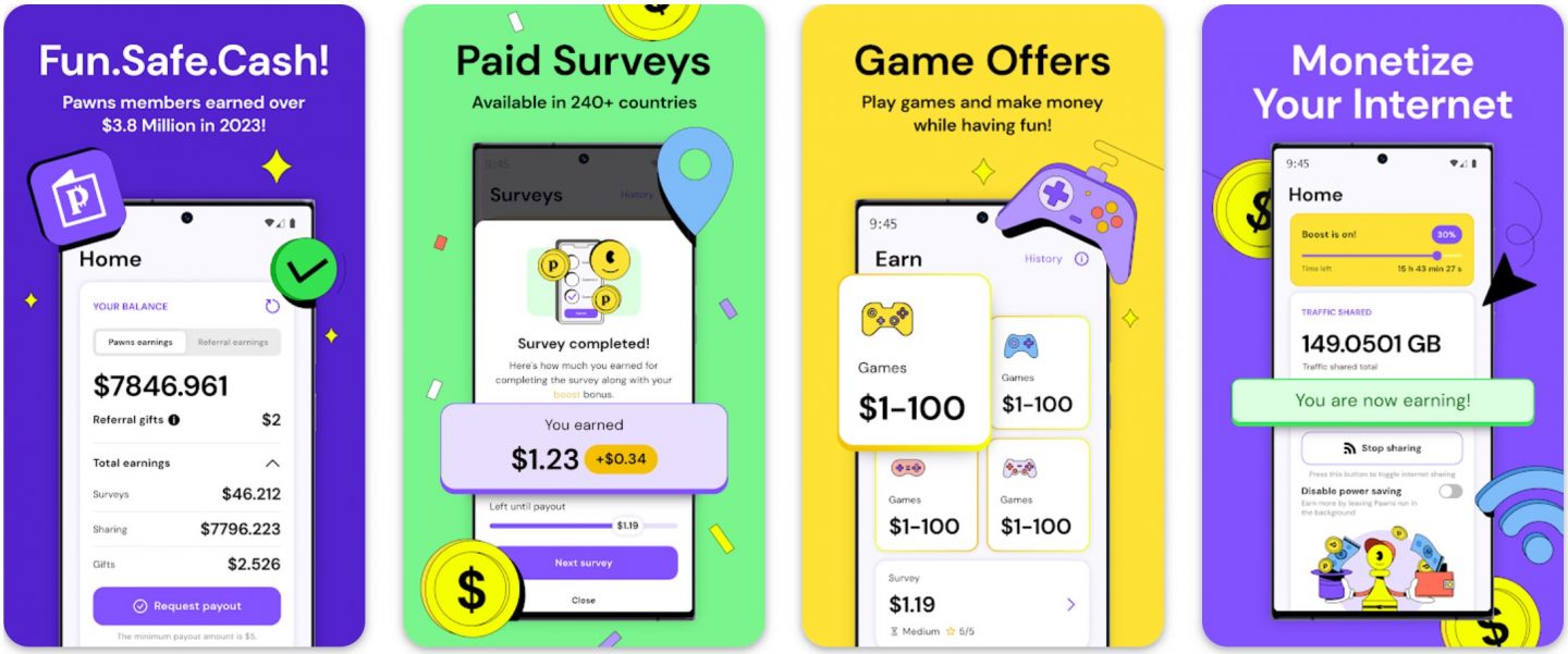 Pawns.app mobile app preview showcasing earnings from paid surveys, game offers, and passive internet sharing. Includes user balance, survey payouts, and internet-sharing stats.