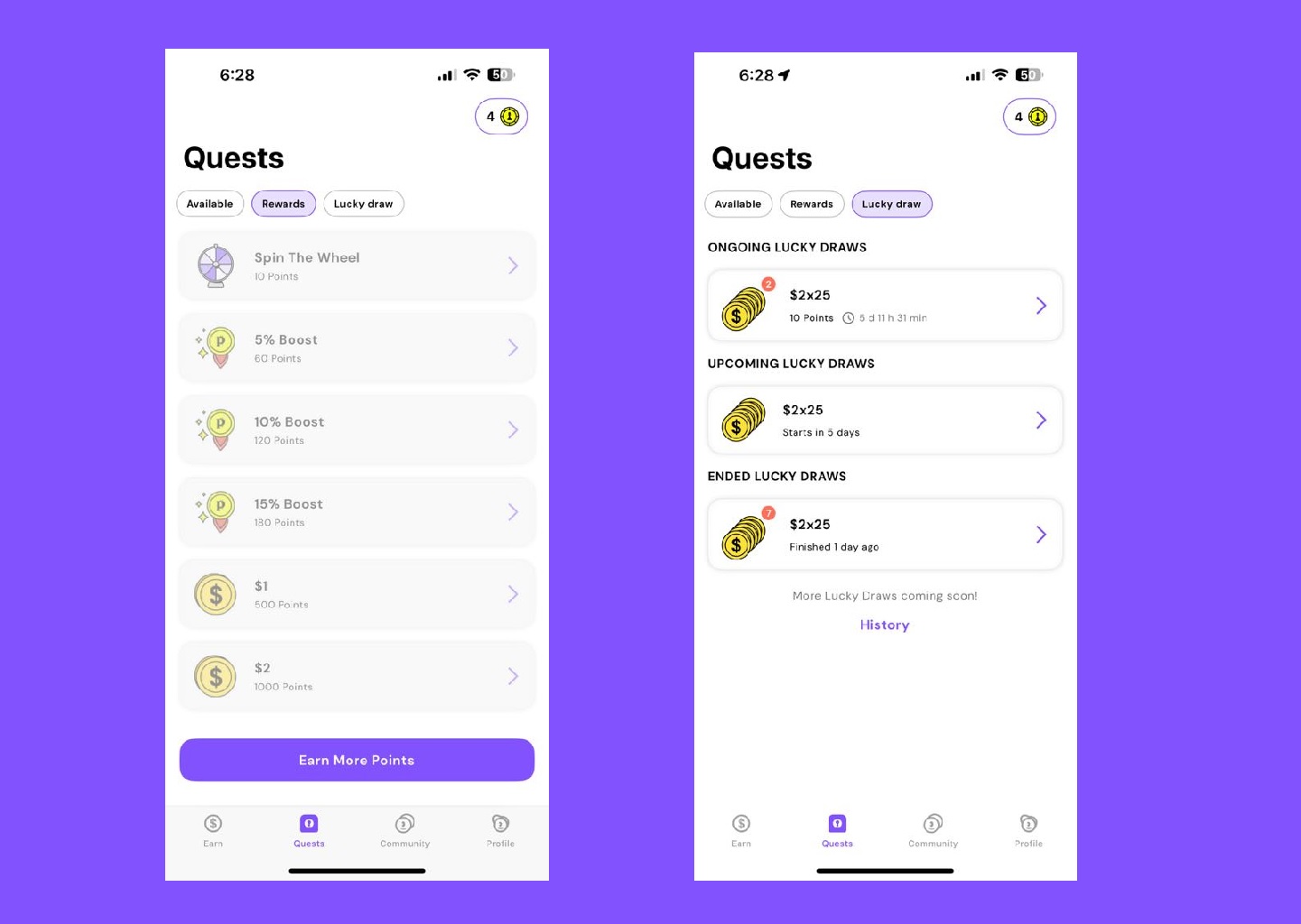 Pawns.app Quests tab showing the Rewards and Lucky Draw sections. Users can redeem points for boosts, cash, or spins, and enter weekly lucky draws for $2 prizes. Ongoing, upcoming, and past lucky draws are displayed.