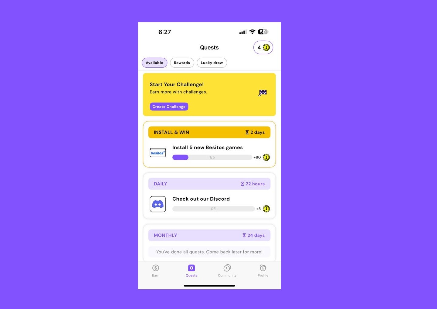 Pawns.app Quests tab displaying available challenges, rewards, and lucky draw options. Includes daily, weekly, and monthly tasks, such as installing apps and checking out Discord, with point-based rewards.
