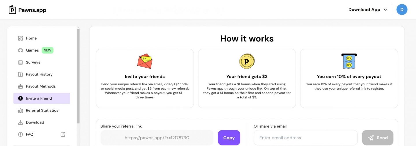 Pawns.app referral program dashboard explaining how users can earn $3 per referral and a 10% commission on their invitees’ payouts. Includes options to share a unique referral link via email or social media.