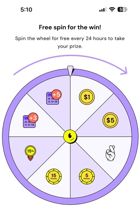 Pawns.app daily spin-the-wheel feature offering users a free spin every 24 hours for a chance to win cash, points, lucky tickets, or a percentage-based earning boost.