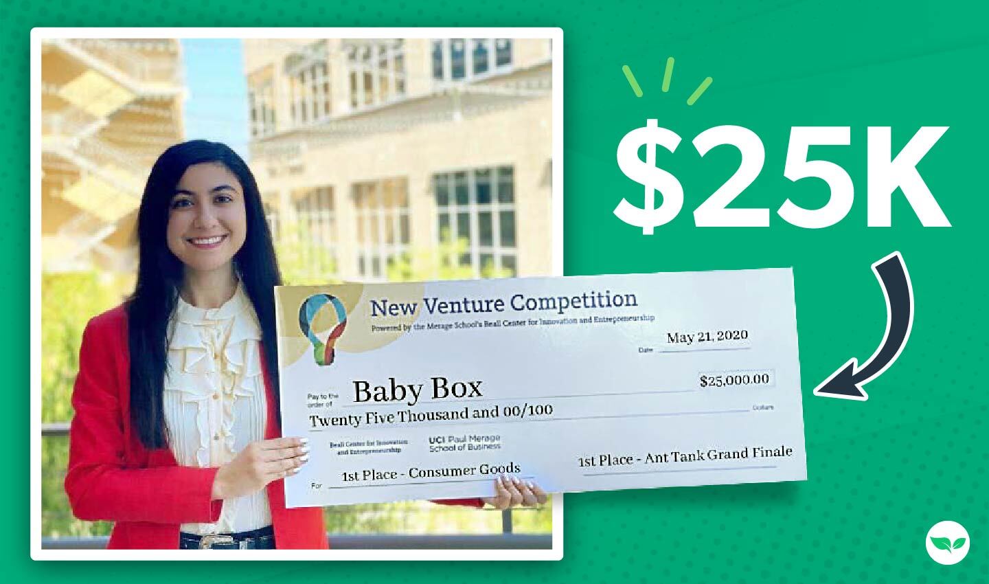 Zarina Bahadur smiling outdoors, holding a large $25,000 check for winning first place in the New Venture Competition.
