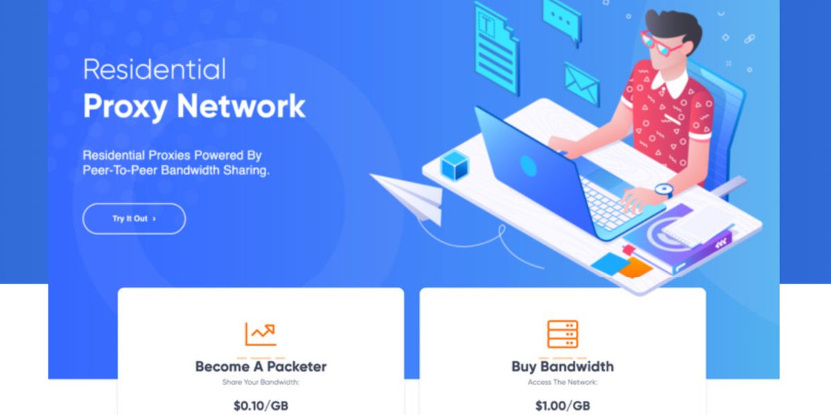 PacketStream homepage highlighting its residential proxy network and bandwidth sharing payout rate of $0.10 per GB