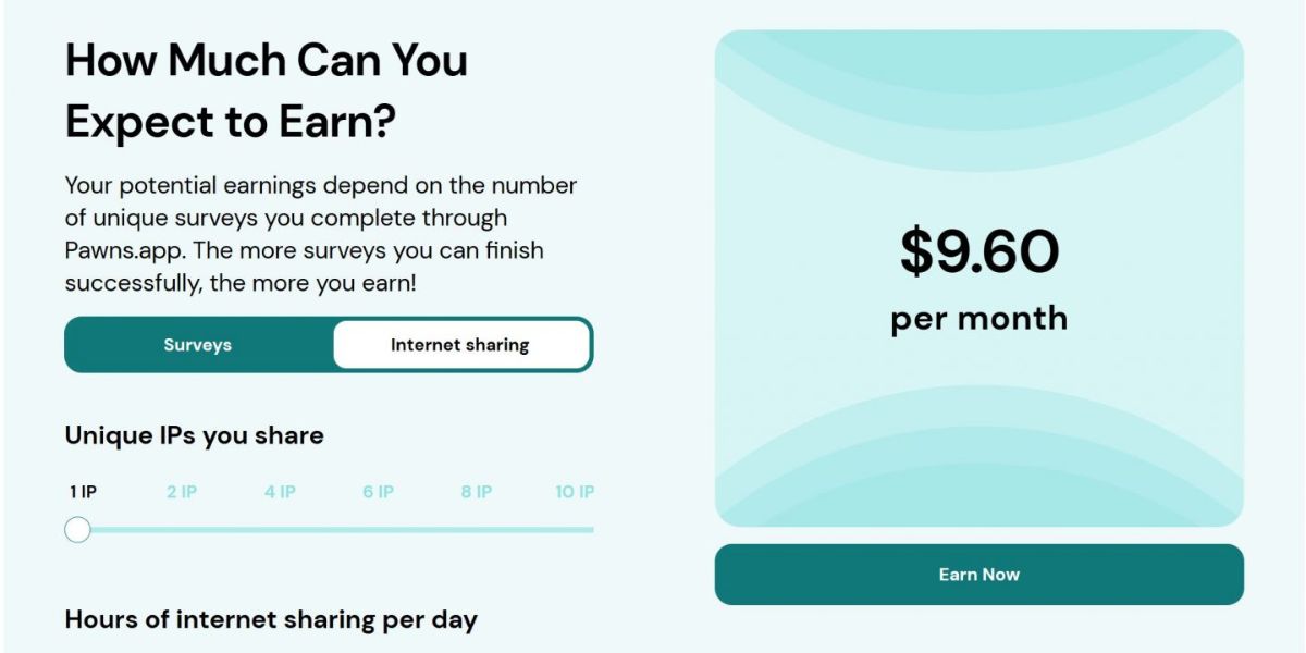 Pawns.app earnings estimator showing $9.60/month for internet sharing with one IP address