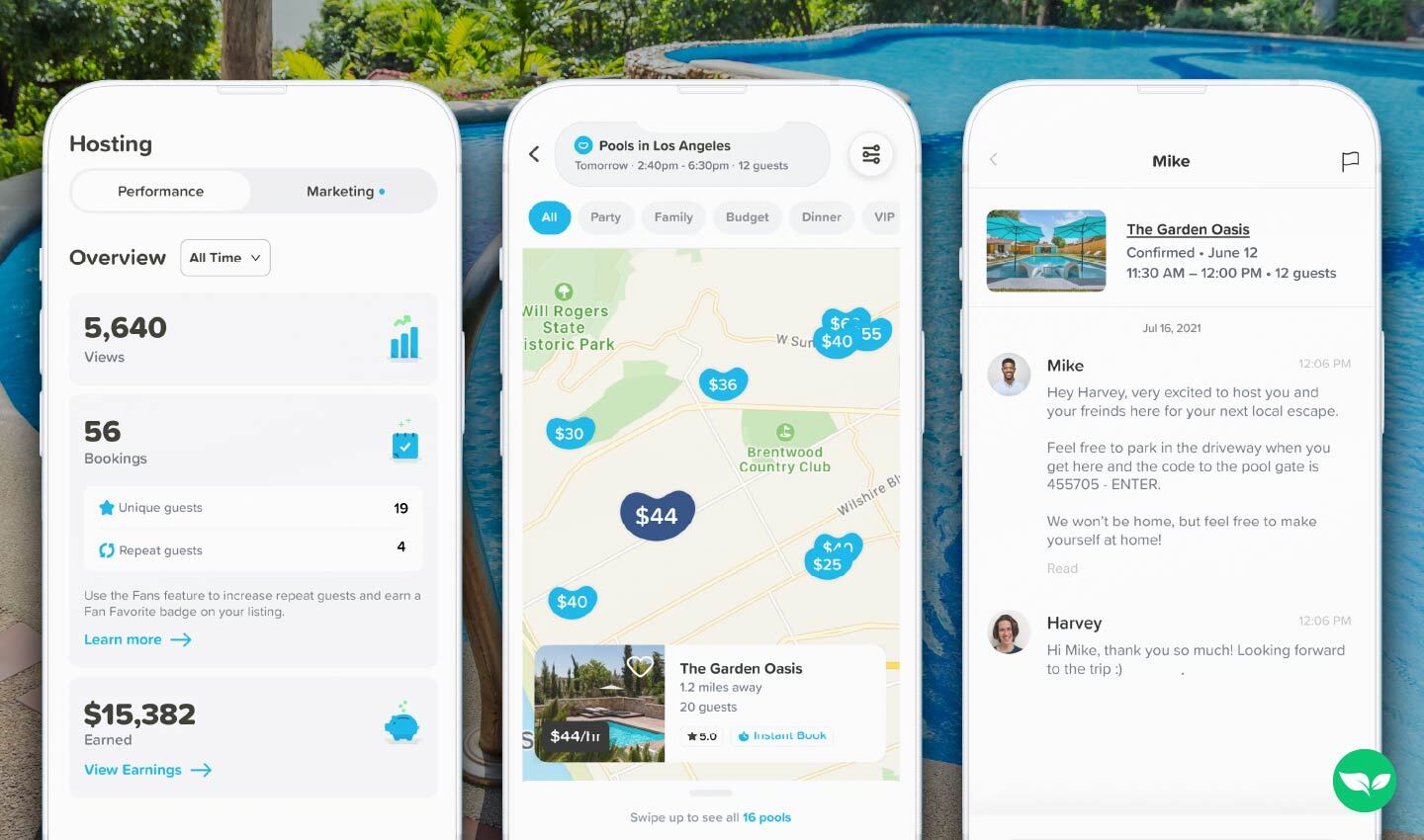 Screenshot collage showing the Swimply app’s hosting dashboard, pool listings map, and guest messaging interface