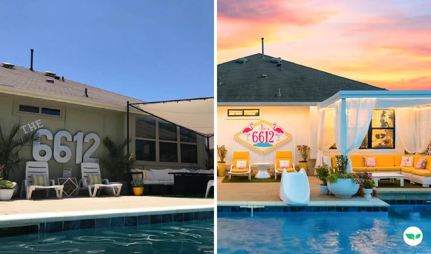 Side-by-side comparison showing Crail and Joey’s original 6612 pool setup versus their upgraded, event-ready space with cabanas and enhanced decor