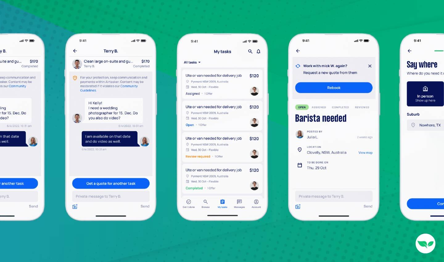 A collage of Airtasker app interface screens showing task management, chat, and job postings