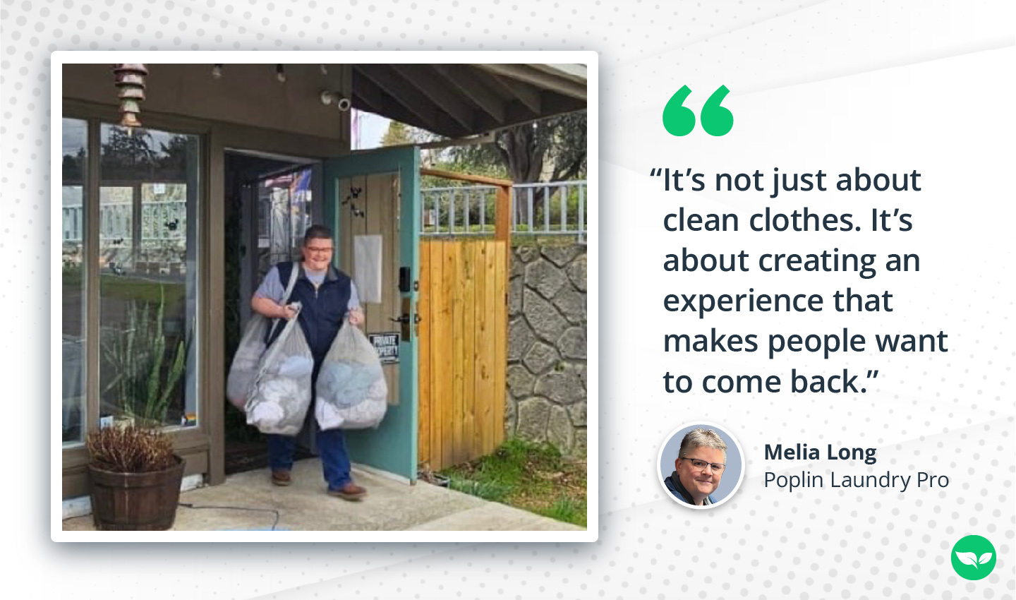 Melia Long walks out of a building carrying large bags of laundry for a delivery