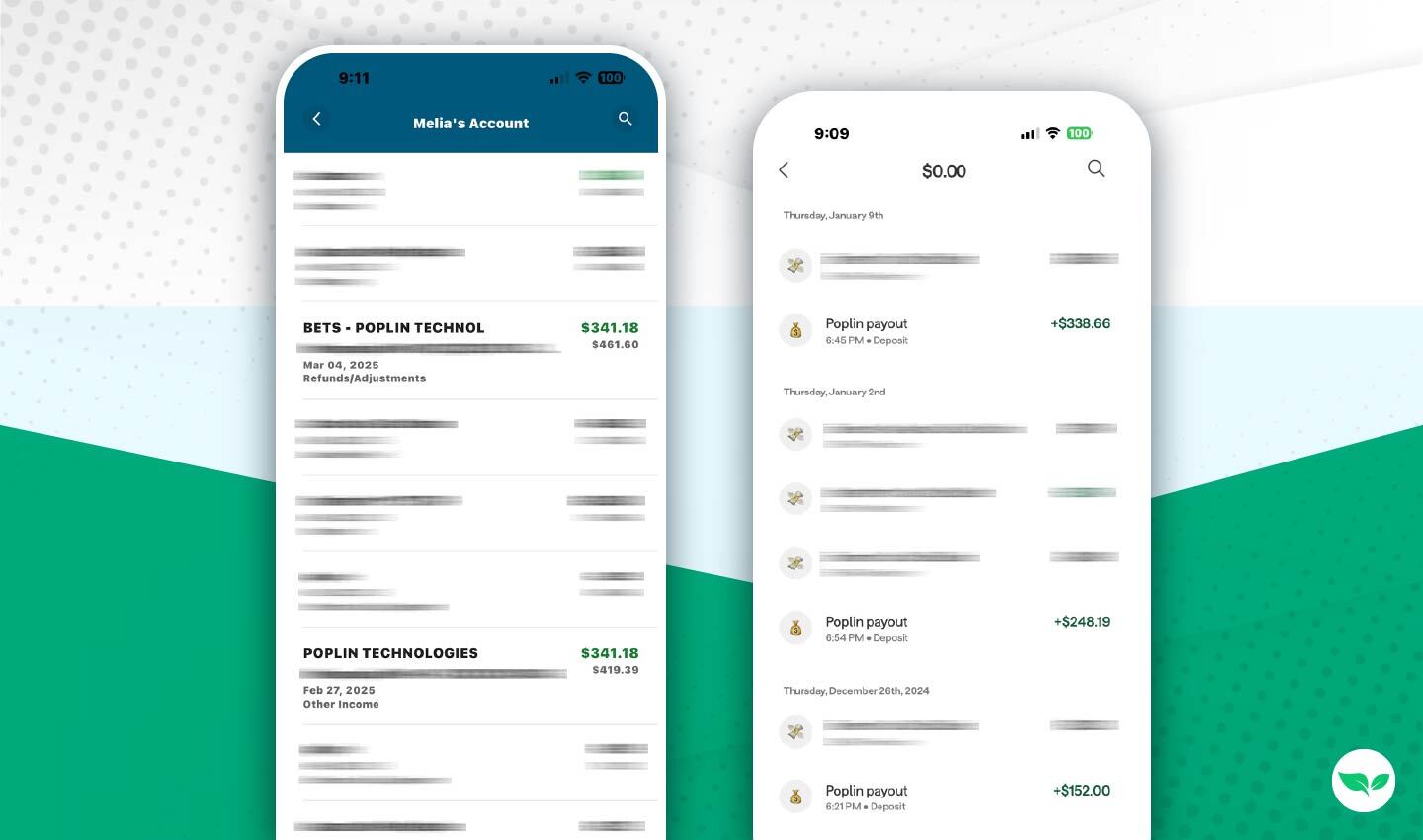 Screenshots showing Melia Long’s Poplin payouts and banking deposits totaling over $300