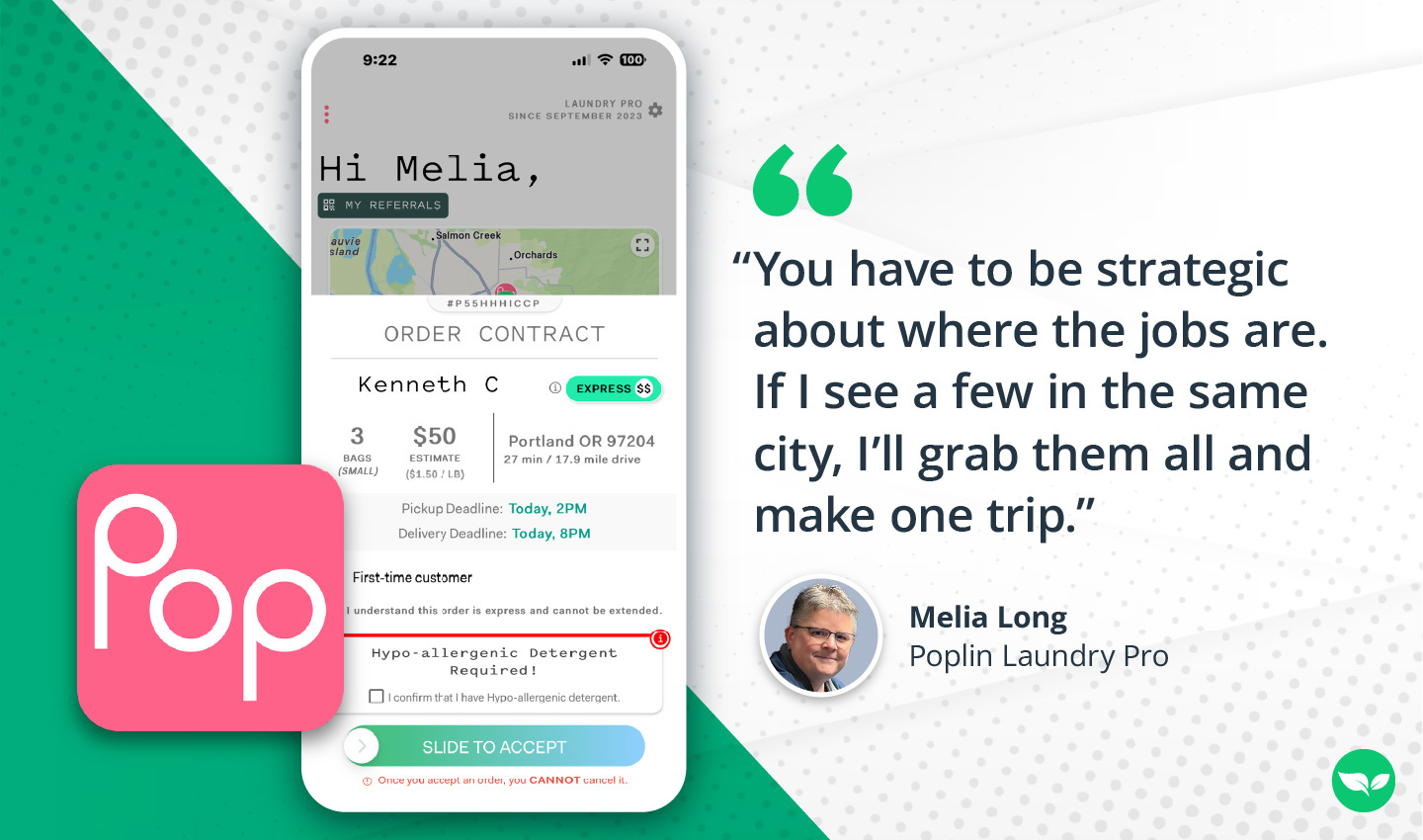 Screenshot of a Poplin laundry order on Melia’s phone showing bag count, payout, and customer details