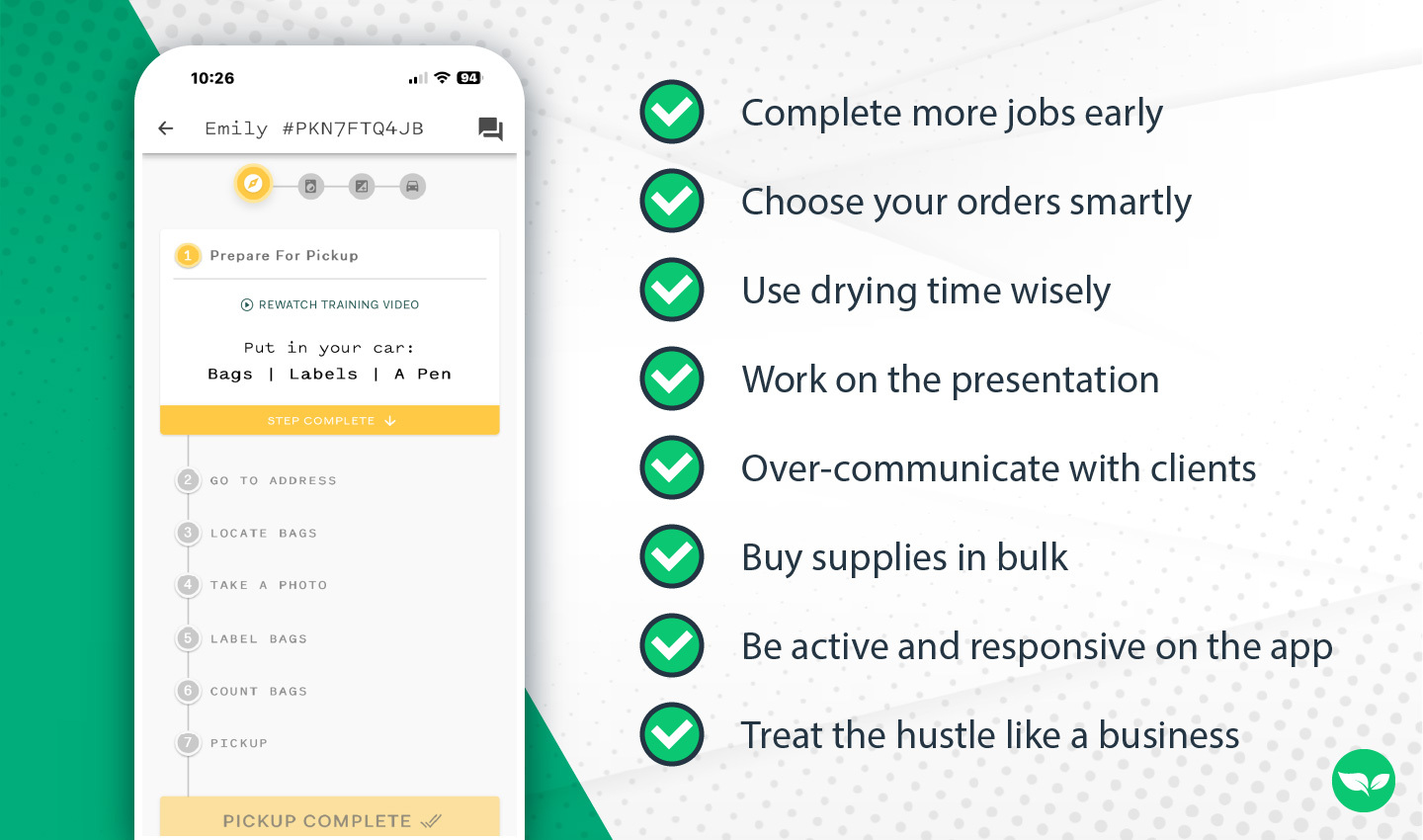 Poplin app’s step-by-step task progress interface alongside Melia’s laundry side hustle tips.