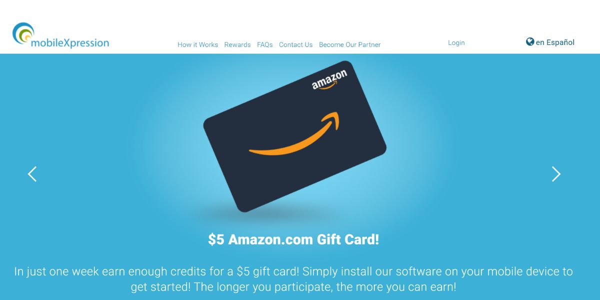 MobileXpression $5 Amazon gift card promotion displayed on the official website homepage