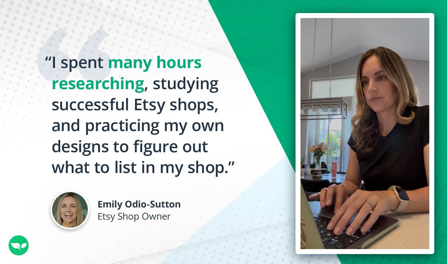 Emily Odio-Sutton typing at her kitchen island with flowers and natural light behind her.