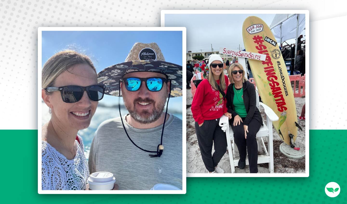Side-by-side photos of Emily with her husband outdoors and her mom at a Surfing Santa beach event.