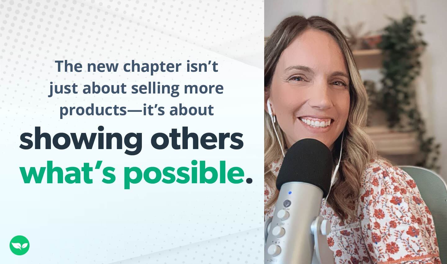 Emily Odio-Sutton smiling into a podcast mic with earbuds in, sitting in front of a bookshelf with plants