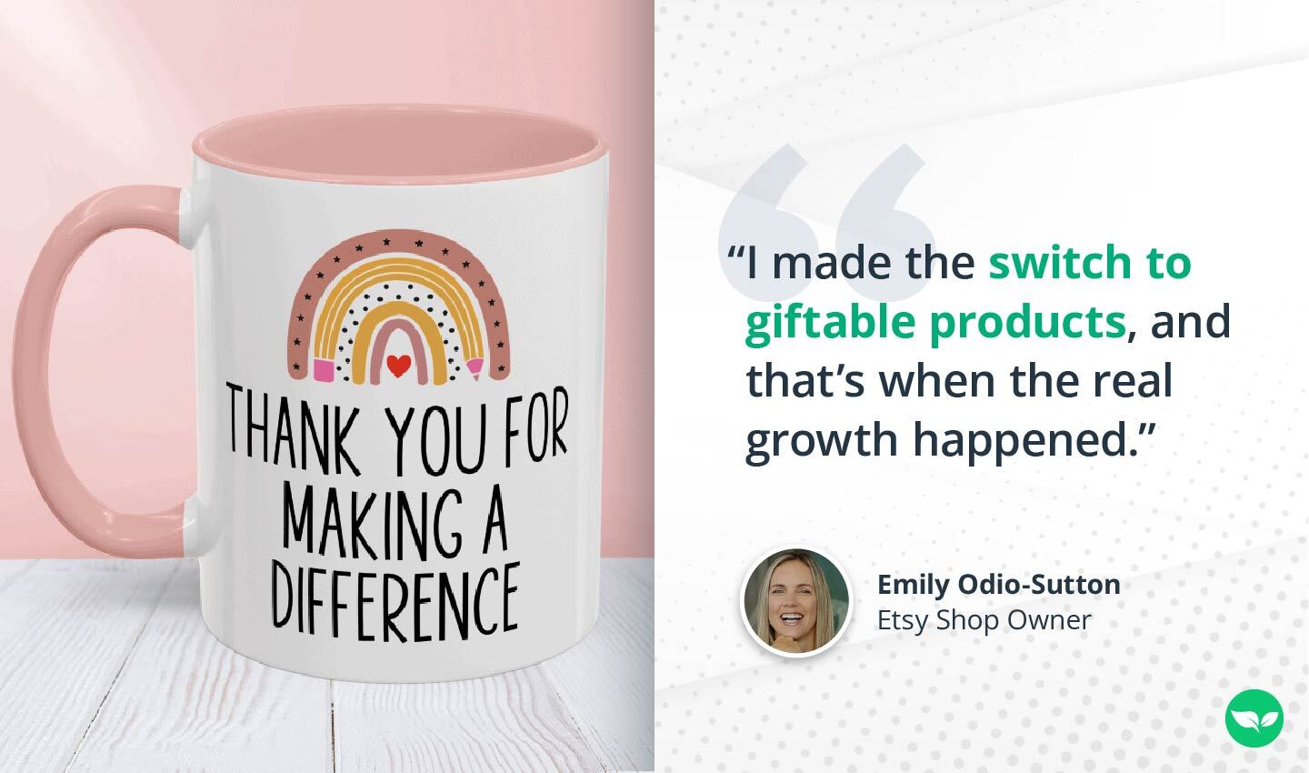 Mug with rainbow design that says “Thank you for making a difference,” styled on pink background