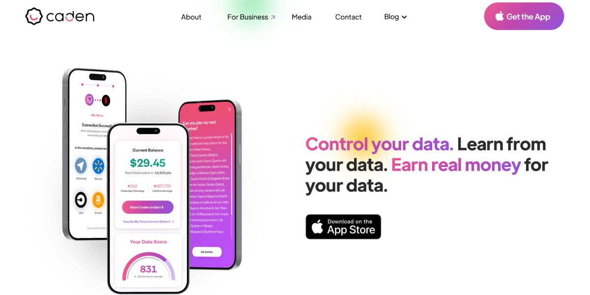 Homepage of Caden app showing connected data sources, earnings dashboard, and a tagline promoting data control and monetization