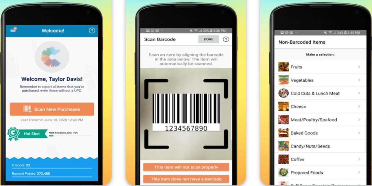 Three screenshots of the NCPMobile app showing grocery purchase tracking, barcode scanning, and manual entry of non-barcoded food items