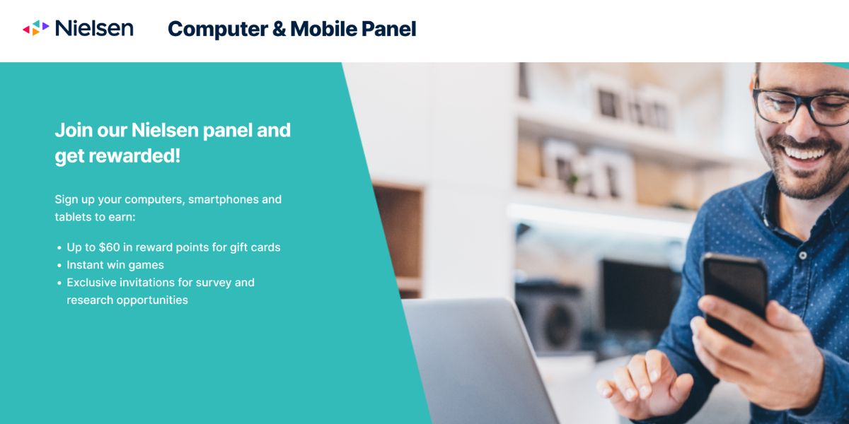 Nielsen Computer and Mobile Panel homepage promoting $60 in yearly rewards, instant win games, and survey opportunities