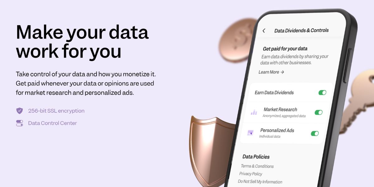 Pogo app interface showing data dividend settings and personalized ad tracking options, alongside a message encouraging users to earn money by sharing data for market research
