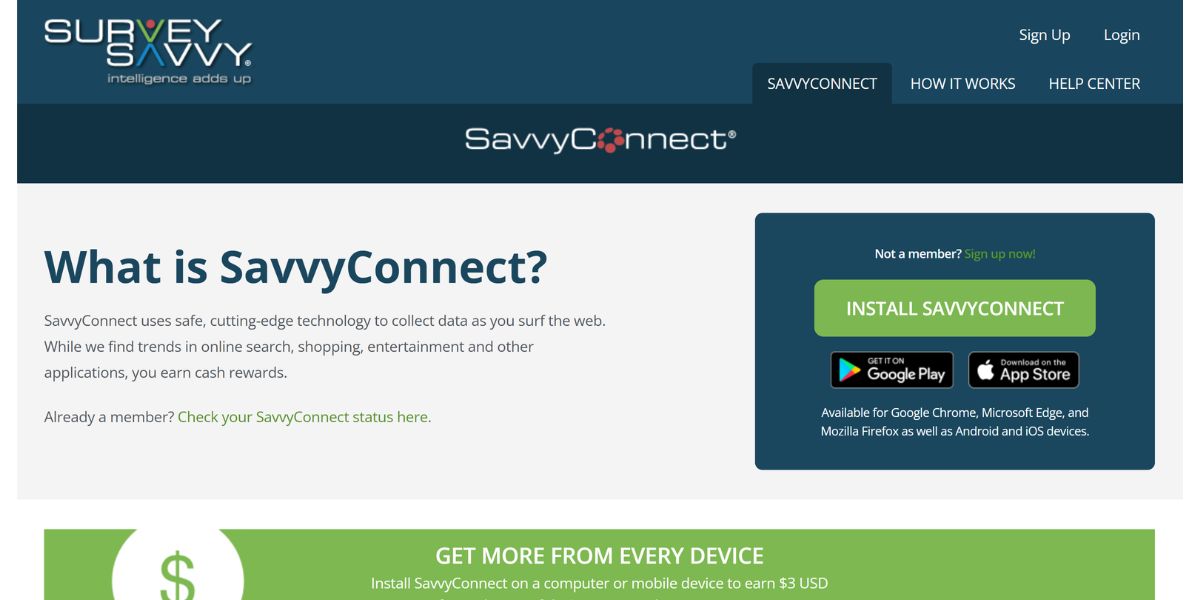 Homepage of SavvyConnect showing install options and how users can earn rewards by sharing browsing data from multiple devices