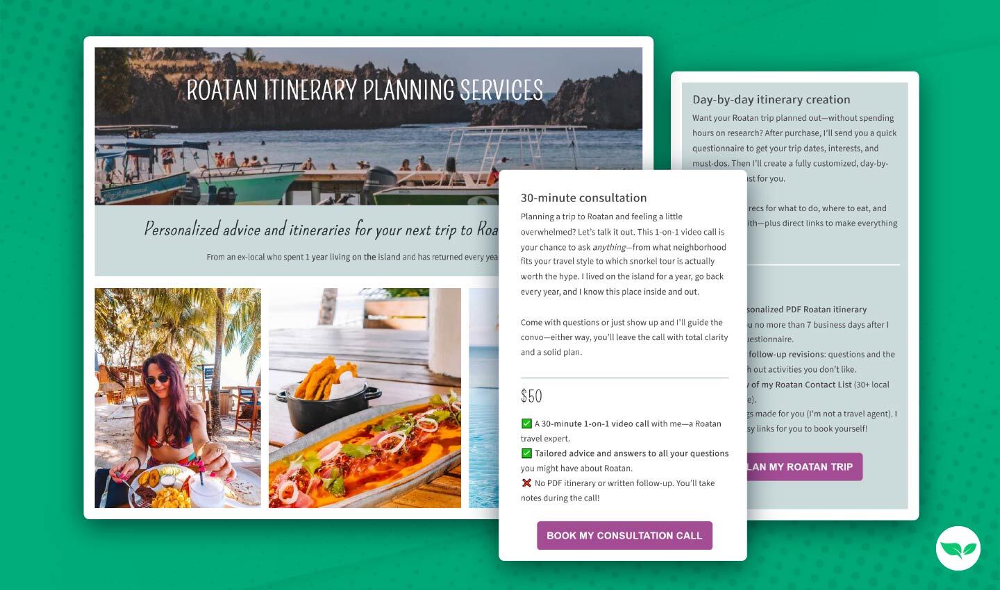 Screenshot of Madison Krigbaum’s Roatan itinerary planning services, including 1-on-1 consultations and personalized trip plans