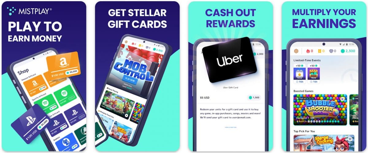 Mistplay app screenshots showing gift card redemption options, featured games, and limited-time point bonuses for Android users