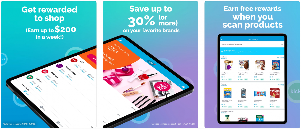 Shopkick app showing rewards for shopping, scanning products, and saving on brands.
