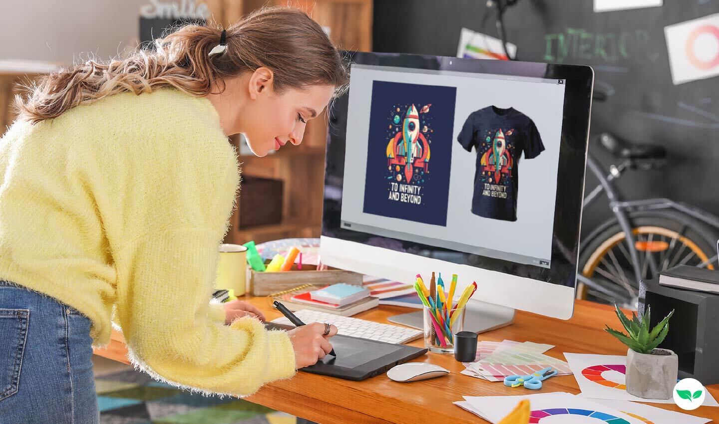 Woman designing T-shirt artwork at her desk, preparing digital products for print-on-demand sales.