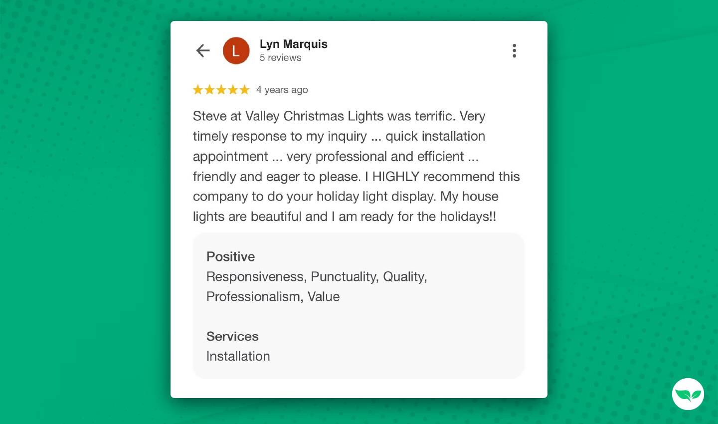 Screenshot of a 5-star Google review praising Valley Christmas Lights for professionalism, speed, and high-quality holiday installations.