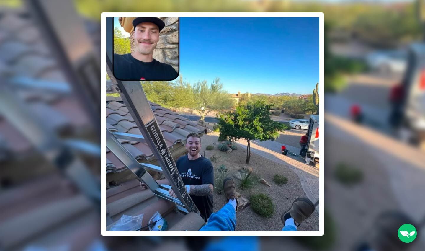 Steve’s teammate smiles from the ground during a rooftop install — part of the long days they worked to rebuild after a difficult season.