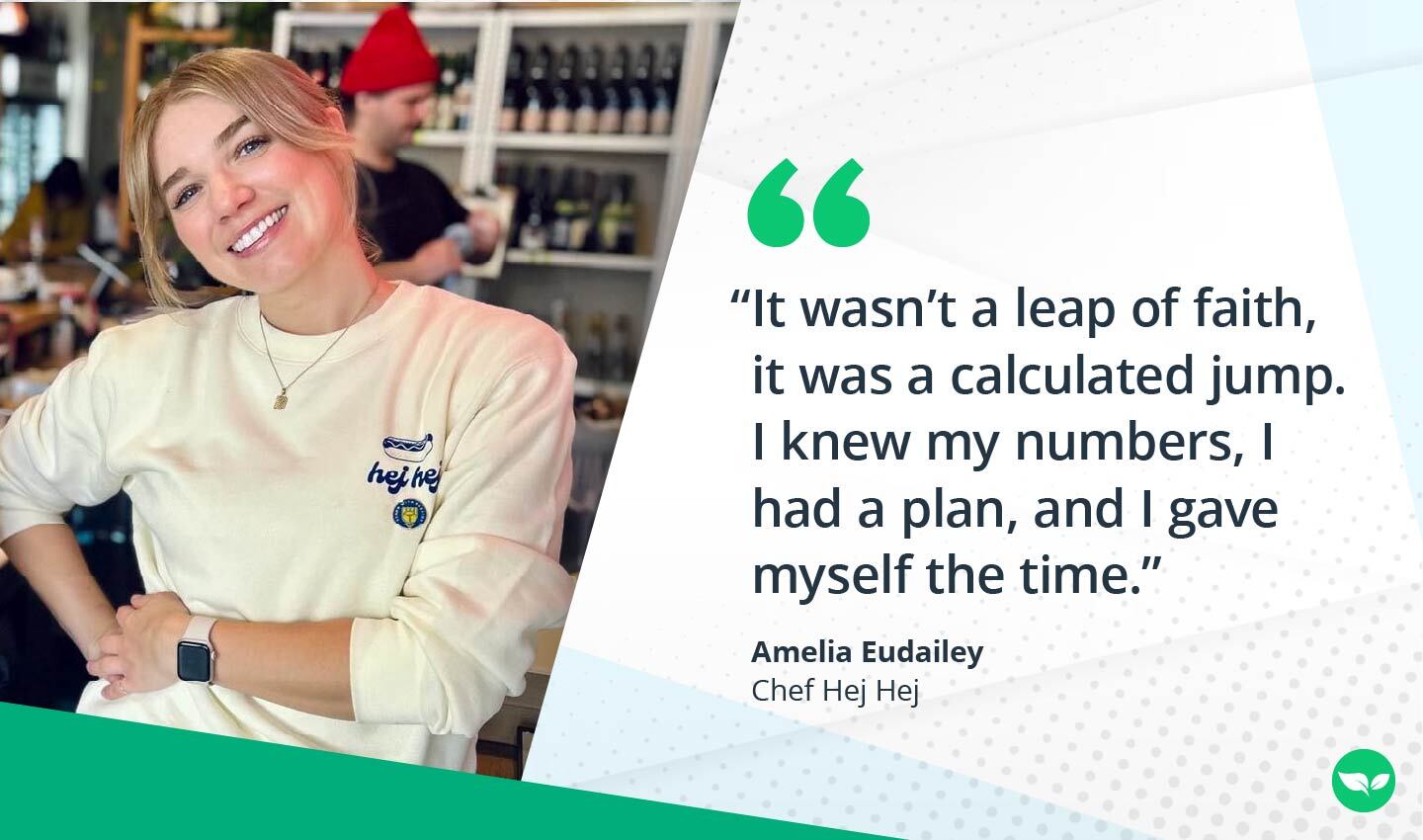 Amelia Eudailey wearing a branded Chef Hej Hej sweatshirt, smiling behind the counter with a quote about planning her transition from tech to food entrepreneur.