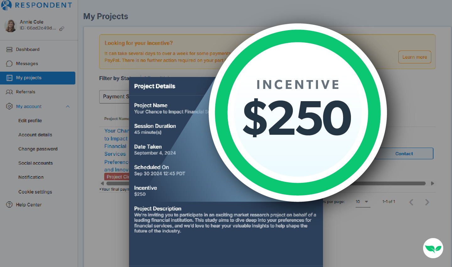 Respondent.io dashboard showing a paid research study with a $250 incentive for a 45-minute session.