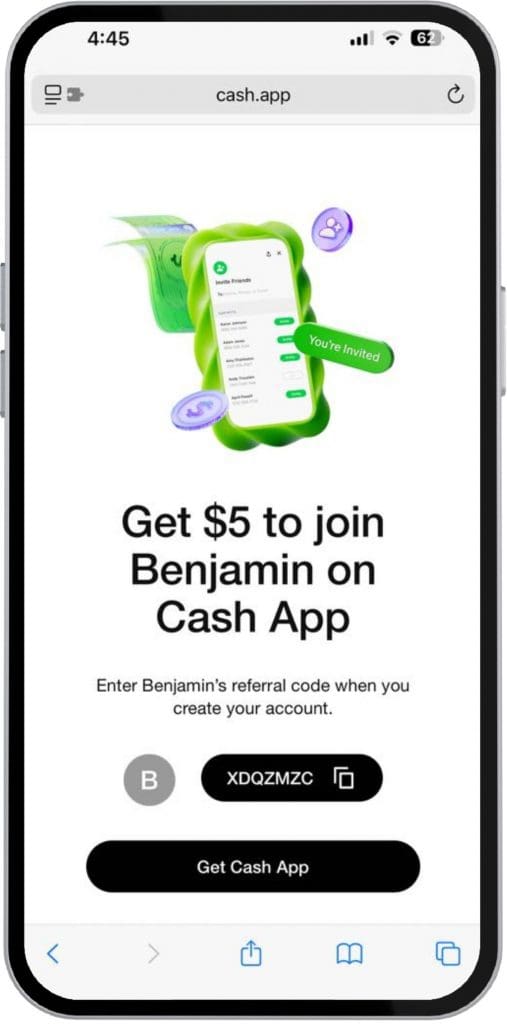 Cash App sign-up screen showing $5 bonus offer and referral code XDQZMZC
