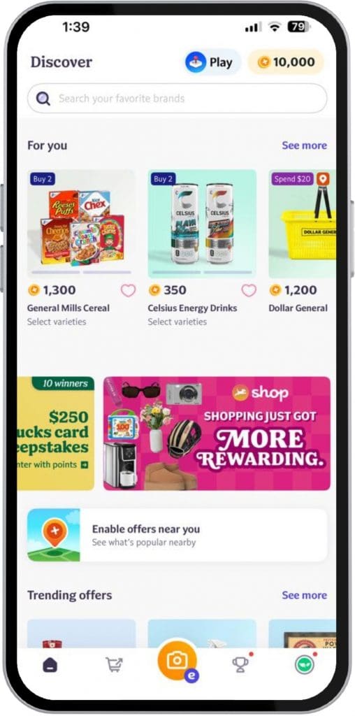 Fetch Rewards app showing available point offers like General Mills cereal, Celsius energy drinks, and Dollar General promotions