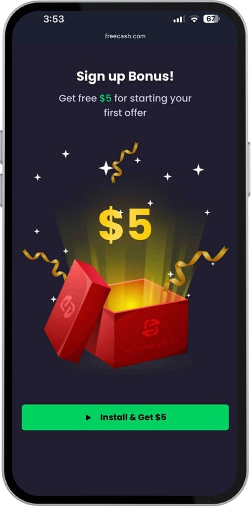 Freecash app sign-up screen showing $5 bonus offer for starting your first offer