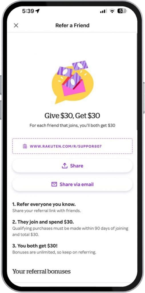 Rakuten app screen showing a $30 sign-up bonus after spending $30 through the platform