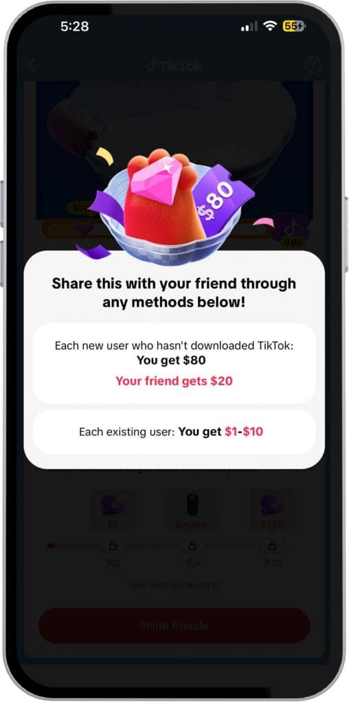 TikTok sign-up bonus screen showing new users get $20 to spend in TikTok Shop when they join through a referral — a limited-time offer tied to TikTok’s app installation rewards.