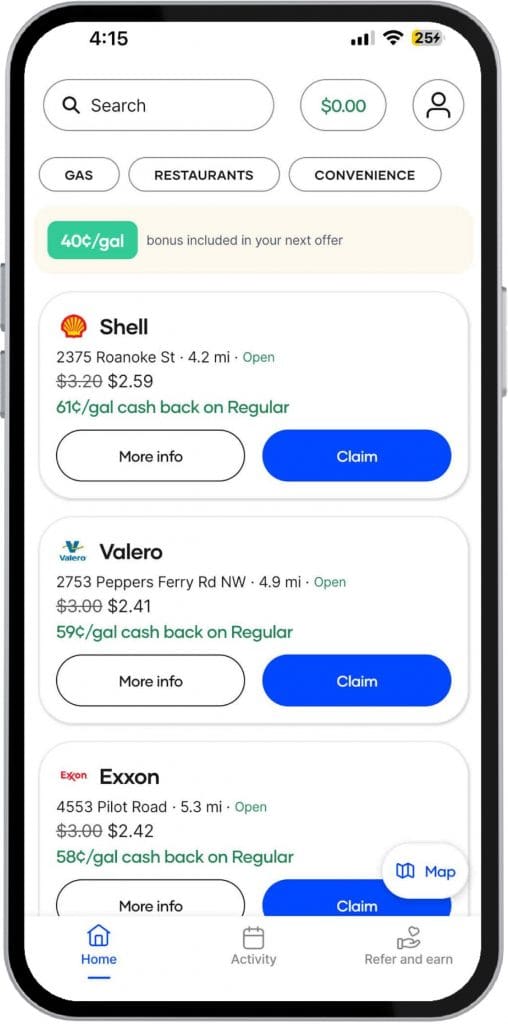 Upside app screen showing up to 61¢/gal cash back at nearby gas stations, plus a 15¢/gal bonus for new users who sign up. Bonus stacks on top of existing offers.