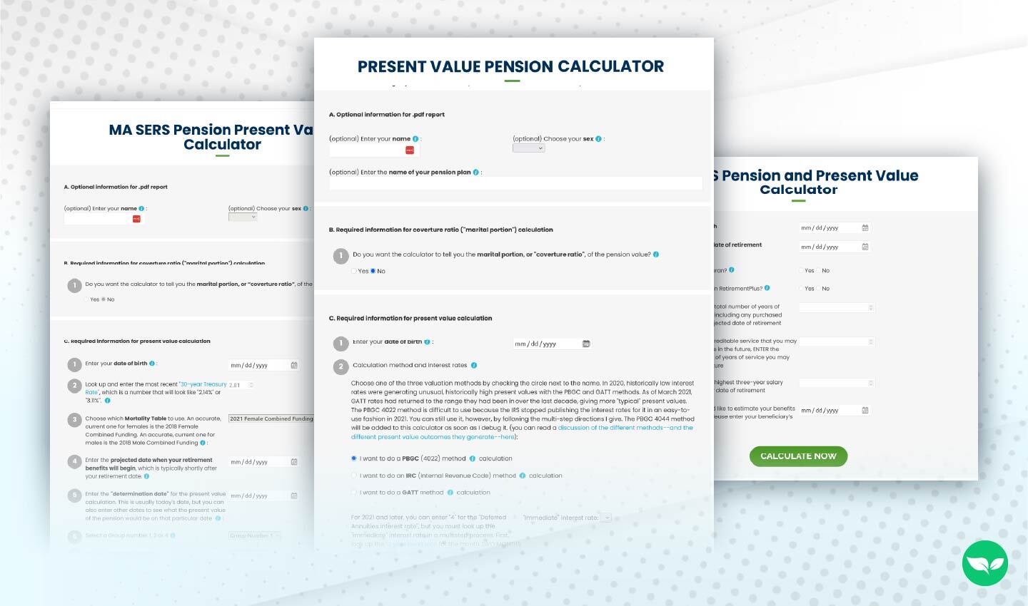 Screenshot collage of pension valuation calculators from ValueYourPension.com, showing detailed input fields for age, retirement, interest rates, and mortality tables.