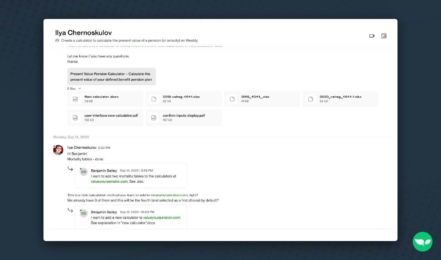 Screenshot of Benjamin Bailey’s Upwork chat and file exchange with his freelance developer.