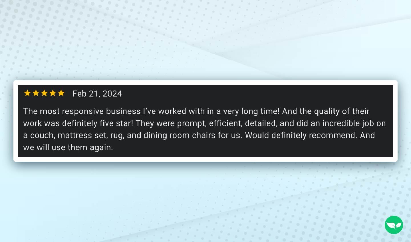 A five-star Google review praising Kyle’s responsiveness and cleaning quality.