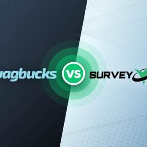 Swagbucks vs Survey Junkie comparison graphic with app logos and VS icon in the center